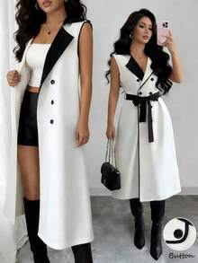 SHEIN Elenzya Women's Contrast Collar Design Double-Breasted Cinched Waist Waist Elegant Casual Commute Fashion French Versatile Holiday Business Sleeveless Trench Coat, Beige/Apricot, Early Spring/Spring & Summer - Multicolor - View 1