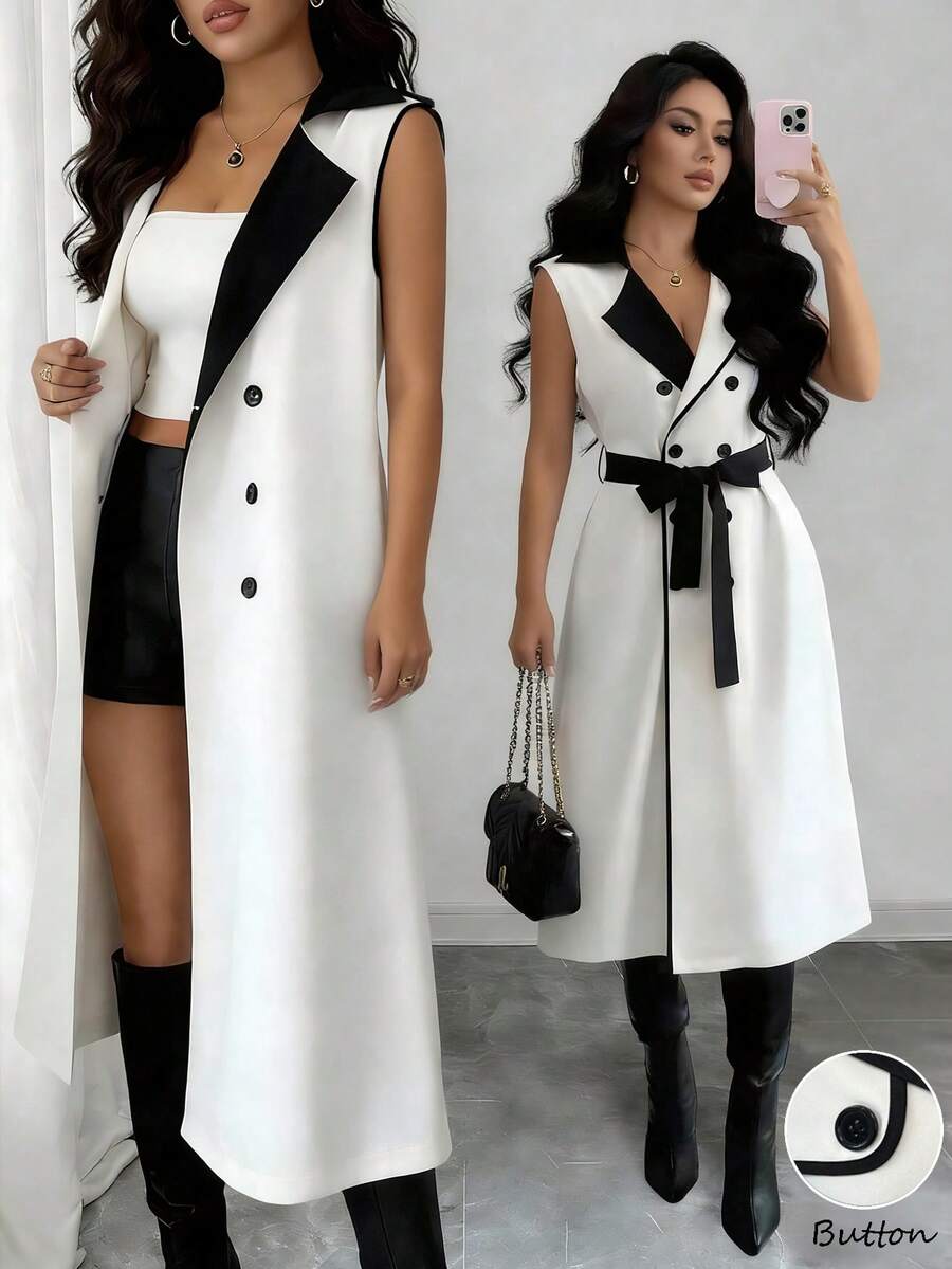 SHEIN Elenzya Women's Contrast Collar Design Double-Breasted Cinched Waist Waist Elegant Casual Commute Fashion French Versatile Holiday Business Sleeveless Trench Coat, Beige/Apricot, Early Spring/Spring & Summer - Multicolor - View 1