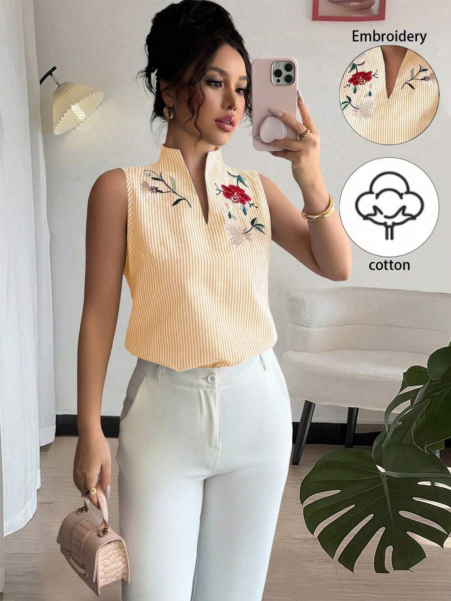 Rafferiza Women's Sleeveless Elegant Casual Embroidered Cotton Striped Shirt, Suitable For Work And Leisure, Spring/Summer - Yellow - View 1