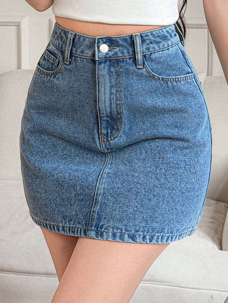 Women's Solid Color Slant Pocket Casual Versatile Denim Mini Skirt Summer