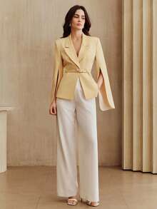 Anewsta Elegant Yellow Split Sleeve Cinched Waist Extra Long Sleeve Wave Button Women's Blazer - Yellow - View 5