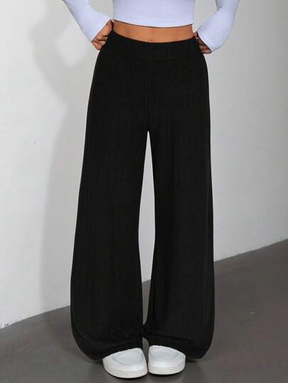 SHEIN PETITE Elastic Waist Ribbed Knit Baggy Grain Fabric Pants Black Wide Leg Pants High Waisted Pants Black Slacks Women Pleated Pants Black Dress Pants Black Pants Wide Leg