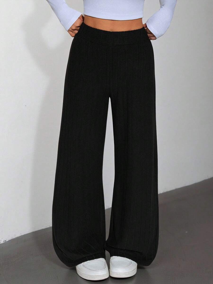 SHEIN PETITE Elastic Waist Ribbed Knit Baggy Grain Fabric Pants Black Wide Leg Pants High Waisted Pants Black Slacks Women Pleated Pants Black Dress Pants Black Pants Wide Leg - Black - View 1