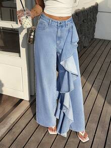 Sunnyshic Women's Fashion Casual Washed Ruffle Hem Loose Denim Pants - Blue - View 3