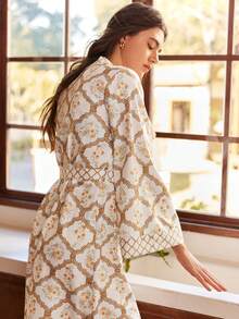 Bohemian Boho Style Romantic Pop Floral Contrast Print Long Sleeve Loose Women Robe - Green - View 6