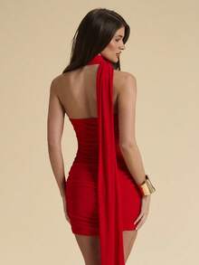SHEIN BAE Red Solid Color Ruched Halter Tie Waist Mini Dress, Vacation Beach Mini Dress - Red - View 2