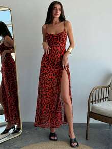 Aloruh Sexy Leopard Print Backless Cross Strap Draped Neck Cinched Waist Long Dress, Spring/Summer - Red - View 5
