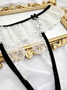 女士性感蕾丝拼接无裆内裤 - 黑與白 - 查看 3