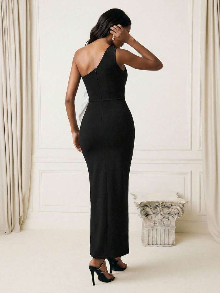 Women's New Black Elegant Ballroom Dress, Glamorous Party Bodycon Dress, Off-Shoulder Ruched Bandage Dress, Single Piece 3D Floral Dress