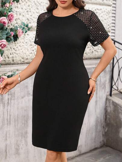EMERY ROSE Plus Size Women Rhinestone Mesh Patchwork Short Sleeve Round Neck Fitted Elegant Dress For Summer/ Vacation Black Mesh Dress Black Elegant Dress Women Elegant Midi Dress