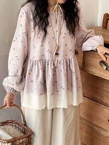 FRIFUL 女士休闲度假风碎花镂空领灯笼袖荷叶边上衣，春秋季 - 卡其色 - 查看 2