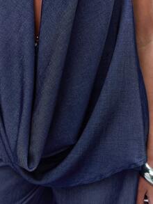 Normani 两件套：翻领深V领露背上衣和阔腿裤 - 藍色 - 查看 6