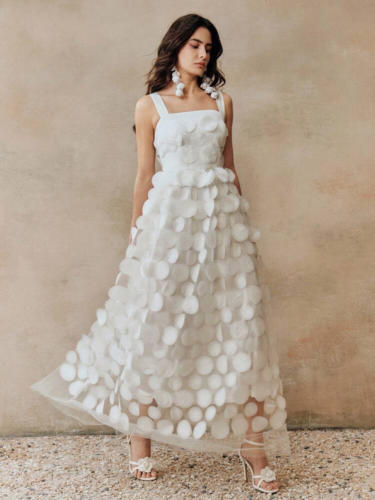 Women's Solid Color Round Patch Decor Elegant Spaghetti Strap Dress