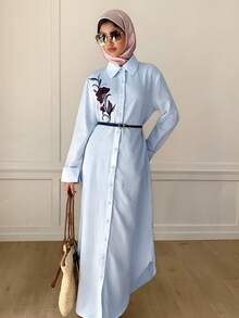 Mulvari Đầm nữ kiểu Ả Rập thêu hoa, cài cúc phía trước, phong cách thường ngày, thích hợp cho mùa thu. - Màu xanh nhạt - Xem 8