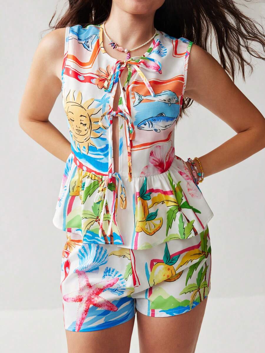 Soleia Women's Vacation Sun Face Print Tie Front Sleeveless Top And Shorts Casual 2 Pieces Set - Multicolor - View 1