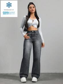 SHEIN ICON 休闲直筒宽松牛仔裤，带口袋 - 灰色 - 查看 3