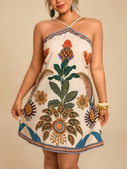 Travachic Vestido de cuello halter sin espalda con estampado tropical, para vacaciones y uso casual, talla grande