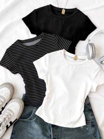 3-pack randig kort t-shirt för tonårsflickor, svart, vit, mörkgrå, minimalistiska toppar med dragsko i midjan och kortärmade tröjor, lämpliga för vår- och sommardagskläder, enkel komfort, sommarcasual, vår- och sommarmode, enkel chic, avslappnad stil, avslappnad chic, outfits med avslappnad atmosfär