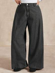 Dazy Plus Plus Size Women Casual Elastic Waist Long Split-Line Design Slim Fit Streetwear Jeans, Suitable For All Seasons - Dark Grey - View 3