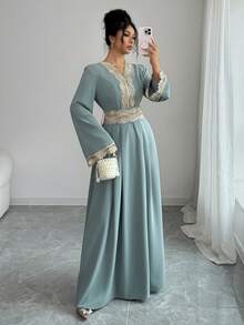 Rafferiza Women's Solid Light Gray-Green V-Neck Waist Cinched Long Sleeve A-Line Ruffle Trim Cinched Waist Robe, Women's Long Robe Turkish Abaya, Arab Long Robe For Fall - Gray green - View 4