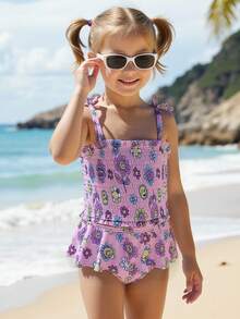 Young Girl Pink Beach Vacation Swimwear Set With Ruffled Hem & Random Prints