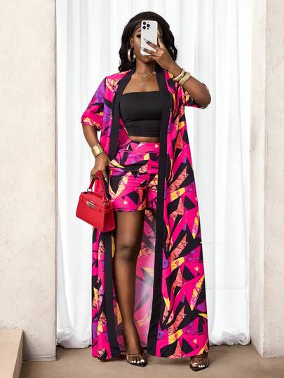 BamGleam Printed Long Vacation Jacket, Vibrant Resort Style Long Cardigan Jacket, Colorblock Geometric Print Loose Short Sleeve Outerwear, Casual Travel Fashionable Lightweight Jacket