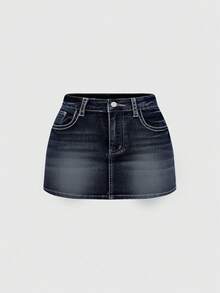 ROMWE J-Fashion Y2K 风格大码女式低腰牛仔迷你裙，带翅膀刺绣和水钻装饰，适合夏季