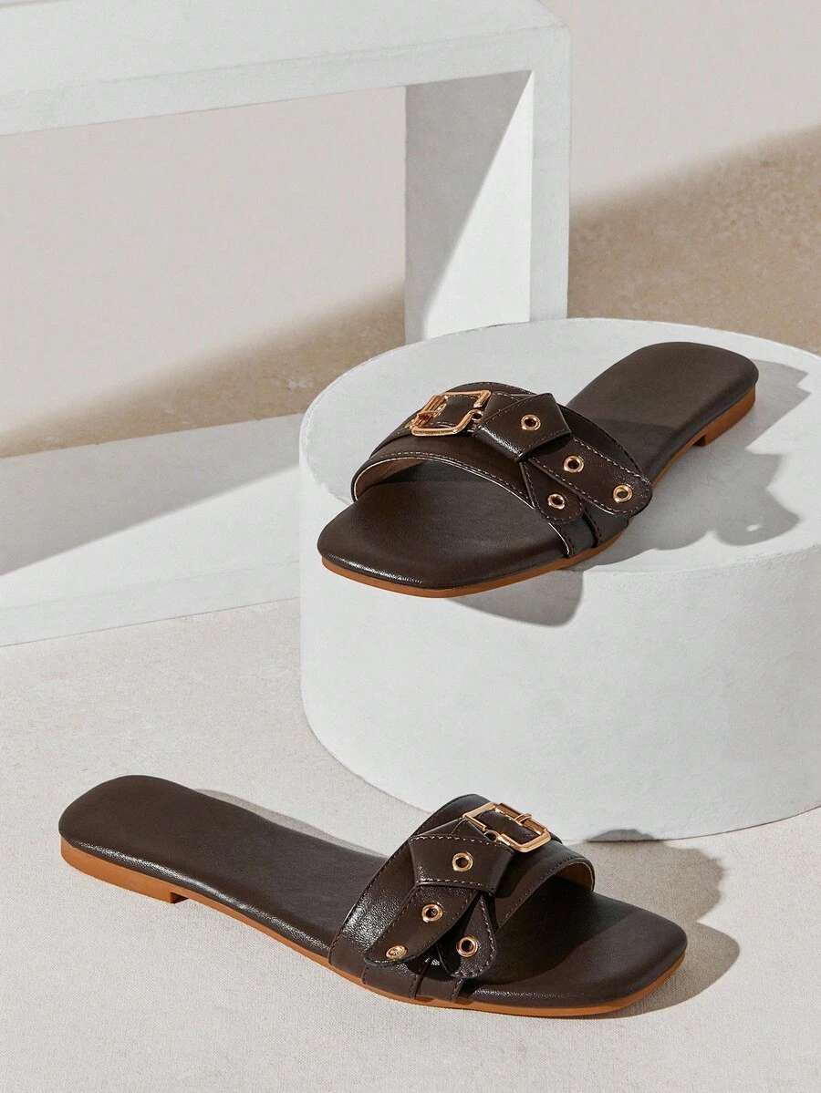 Solezae صندل نسائي مريح بدون كعب مزين بفتحات عقدة - شوكولاته بني - مشاهدة 1