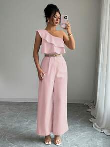 Elenzga Women's Casual Jumpsuit With Ruffled Shoulder, Loose Fit For Beach, Office, Party, Suitable For Spring/Summer - Pink - View 6