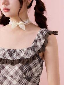 ROMWE Cute Kawaii Sweet School Girl Plaid & Contrast Lace Mini Dress For Women - Multicolor - View 4