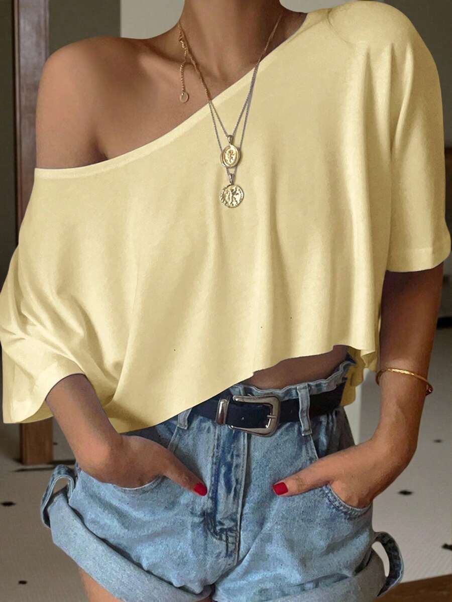 SHEIN EZwear 芥末黄针织宽松露肩超大款女式T恤 - 鵝黃色 - 查看 1