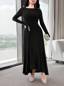 Modelyn 女士纯色船领褶皱修身优雅长袖中长连衣裙 - 黑色 - 查看 3