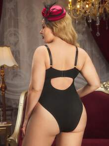 PinupPomp 1 pieza Conjunto de lencería con aplicaciones de encaje para mujer de talla grande - Negro - Ver 3