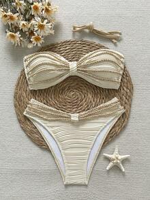 Swim Chiccia Bộ đồ bơi 2 món gồm áo tankini và quần tam giác, phối màu tương phản thanh lịch, chất liệu vải đặc biệt với họa tiết sóng, dây xoắn. - Màu be - Xem 6