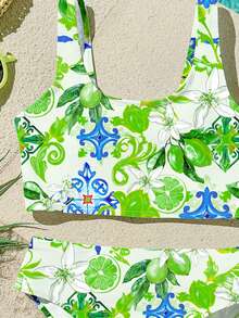 SHEIN 少女休闲简约水果印花吊带泳衣套装，适合夏季穿着 - 彩色 - 查看 3