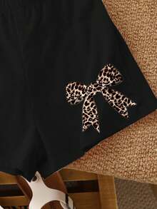 Set casual da 2 pezzi composto da maglietta a maniche corte con scollo tondo e pantaloncini, con stampa vintage a fiocco e leopardata, adatto per ragazze adolescenti, ideale per primavera/estate - Multicolore - Visualizzare 4