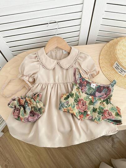 SHEIN Baby Girl Vintage Floral Pattern Vest & Peter Pan Collar Short Sleeve Dress Set