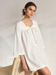 Ocili 100% Cotton Solid 3/4 Sleeve Tie Waist Round Neck Comfortable Women Nightgown - White - View 1