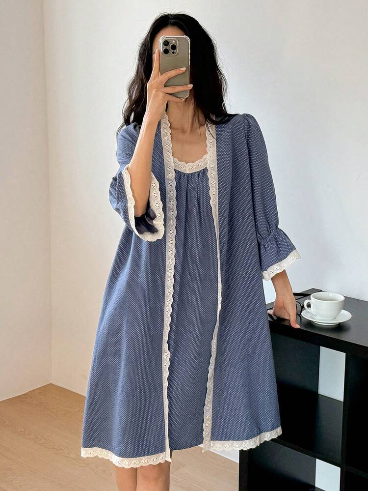 Women's Polka Dot Print Contrast Color Embroidered Lace Patchwork Robe & Camisole Nightgown Sleepwear Set