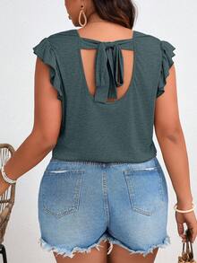 SHEIN Frenchy Camiseta casual de mujer talla grande con mangas de volantes, espalda con nudo, unicolor, top casual de verano, top de manga corta lindo con volantes - Verde - Ver 1