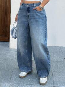 Dazy Plus Loose Straight Leg Long Jeans With Rhinestone Embellished Back Pockets, Suitable For All Seasons - Medium Wash - View 6