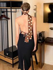 Pariaura Women's Sexy Polka Dot Print Backless Halter Top, Summer - Brown - View 2