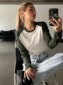 DAZY Colorblock Raglan Sleeve Tee Long Sleeve Women Tops - Multicolor - View 9