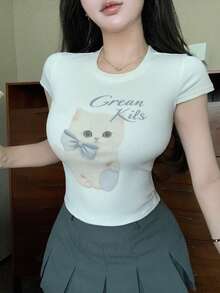 DAZY Women's Casual Cat Print Short Sleeve T-Shirt, Summer - White - View 1