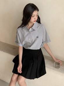 Dazy Kids Teen Girl Bow Striped Short Sleeve Button-Up Casual Shirt - Grey - View 3