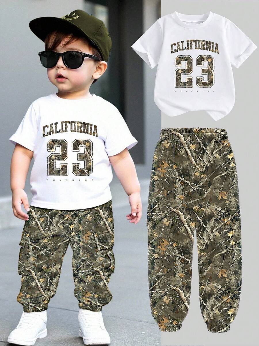 两件套男童休闲简约图案短袖圆领T恤和工装裤套装，适合夏季穿着 - 彩色 - 查看 1