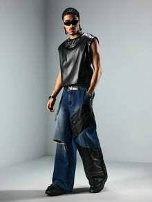 ROMWE MEN Street Life Men's Pockets Loose Wide Leg Jeans With PU Leather Patchwork - Blue - View 2