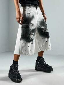 ROMWE MEN Street Life 男士夏季休闲时尚街头渐变水洗做旧铆钉宽松阔腿工装牛仔裤，不含链条腰带 - 白色 - 查看 4