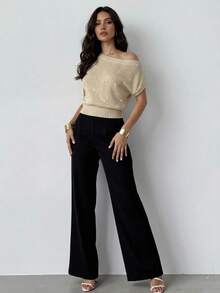 Firerie Women's Sequin Knit Asymmetric-Shoulder Sweater Top, Sexy Party Vibe Knit Blouse, Sequin Top, Risque Knit Top, Semi-Sheer Knit Sweater Top, Minimalist Women's Knit Sweater Top, Spring/Summer/Autumn Clothing, Elegant, Commute, Date, Party, Music Festival, Concert, Work Attire, Back To School, Annual Party, Women's Birthday Outfit - Apricot - View 8