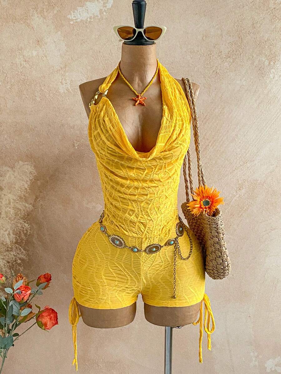 Soleia 女士复古渐变印花网纱金属装饰层叠荷叶边深V领连体裤,黄色,夏季,休闲,度假,节日派对,海滩,波西米亚风 - 黃色 - 查看 1